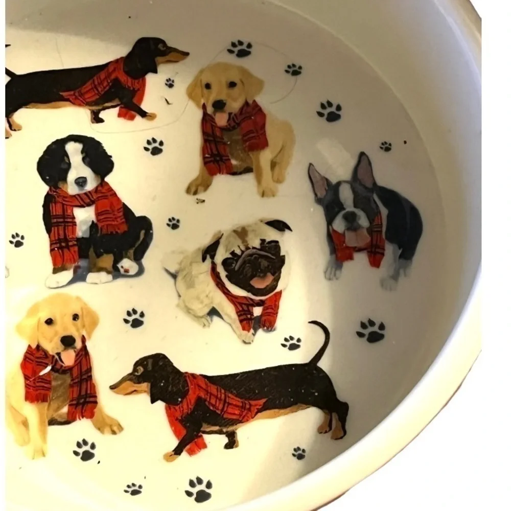 DESIGNER Christmas porcelain dog bowl plaid outside, dogs in scarves inside.